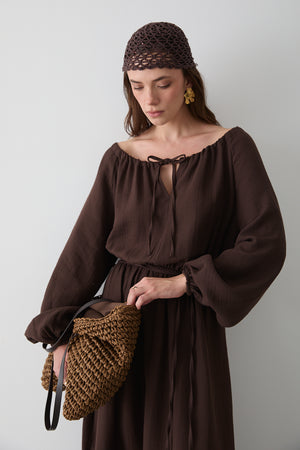 Kahverengi Bağlama Detaylı Müslin Elbise - 2004