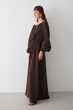 Kahverengi Bağlama Detaylı Müslin Elbise - 2004