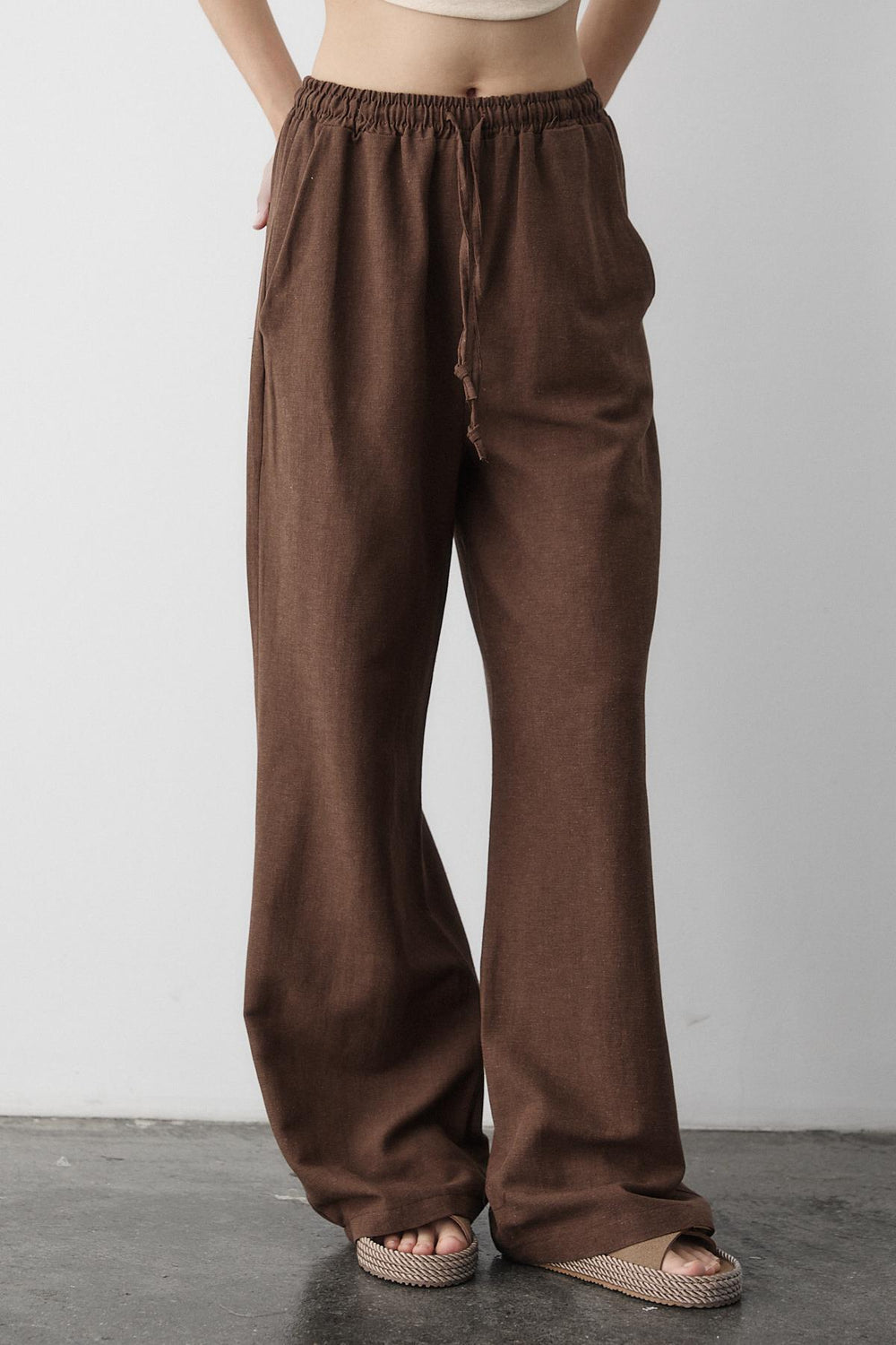 Kahverengi Beli Lastikli Pamuklu Keten Pantolon