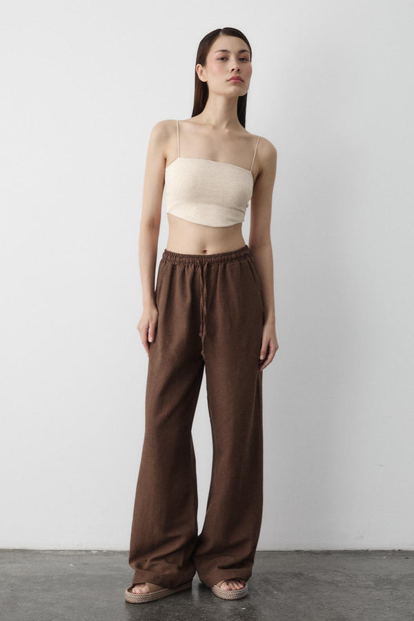 Kahverengi Beli Lastikli Pamuklu Keten Pantolon