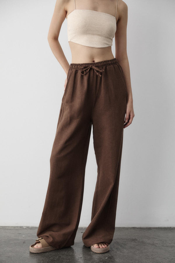 Kahverengi Beli Lastikli Pamuklu Keten Pantolon