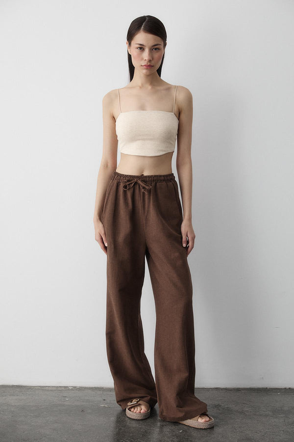 Kahverengi Beli Lastikli Pamuklu Keten Pantolon