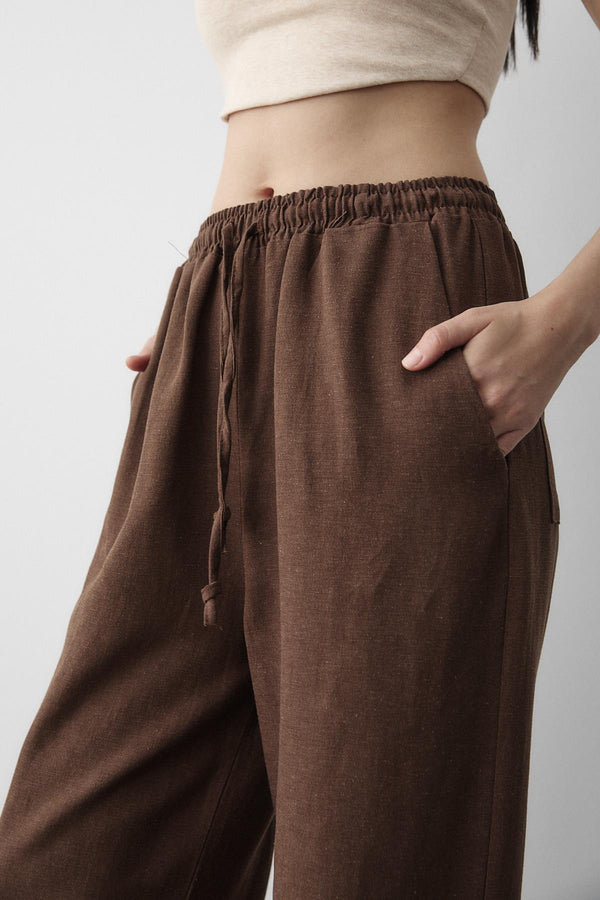 Kahverengi Beli Lastikli Pamuklu Keten Pantolon