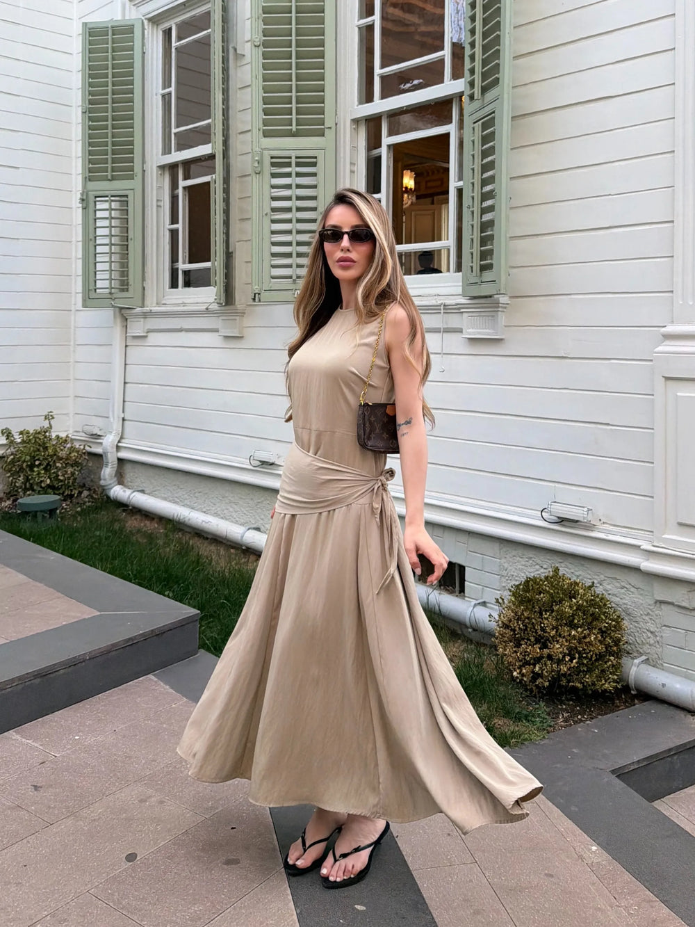 Bej Beli Şal Detaylı Elbise - 3421