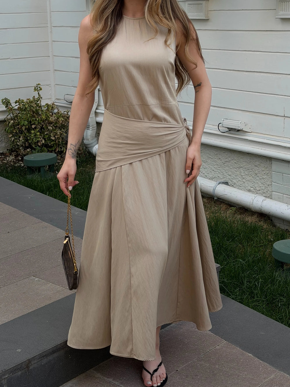 Bej Beli Şal Detaylı Elbise - 3421