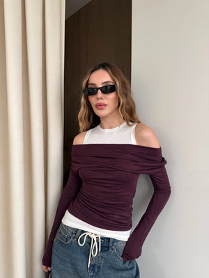 Mürdüm Beyaz Atletli Kayık Yaka Bluz - 0780