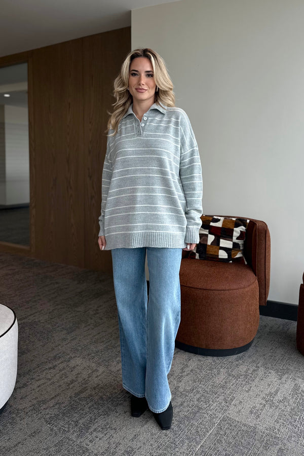 Gri Beyaz Çizgili Kazak -1510