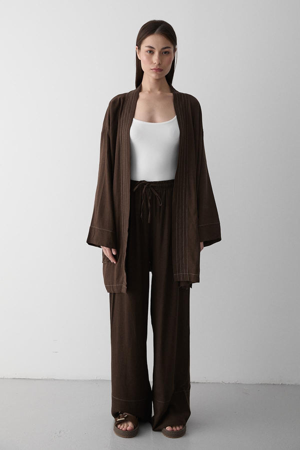 Kahverengi Cep Detaylı Kuşaklı Kimono Takım