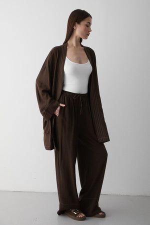 Kahverengi Cep Detaylı Kuşaklı Kimono Takım