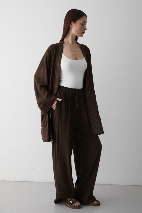 Kahverengi Cep Detaylı Kuşaklı Kimono Takım