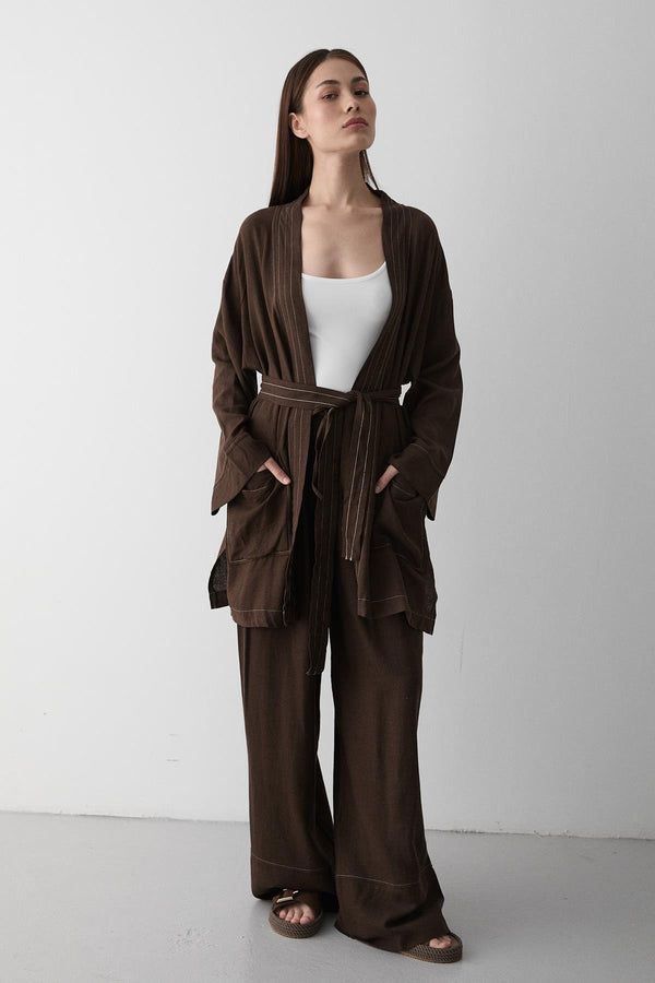 Kahverengi Cep Detaylı Kuşaklı Kimono Takım