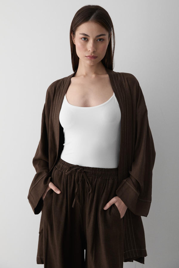 Kahverengi Cep Detaylı Kuşaklı Kimono Takım