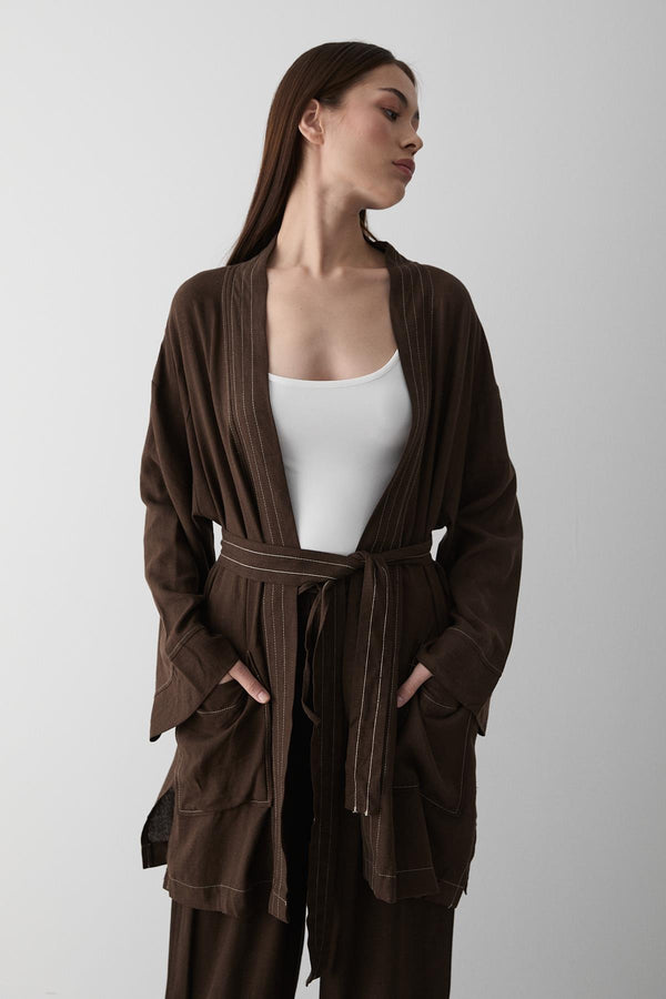Kahverengi Cep Detaylı Kuşaklı Kimono Takım
