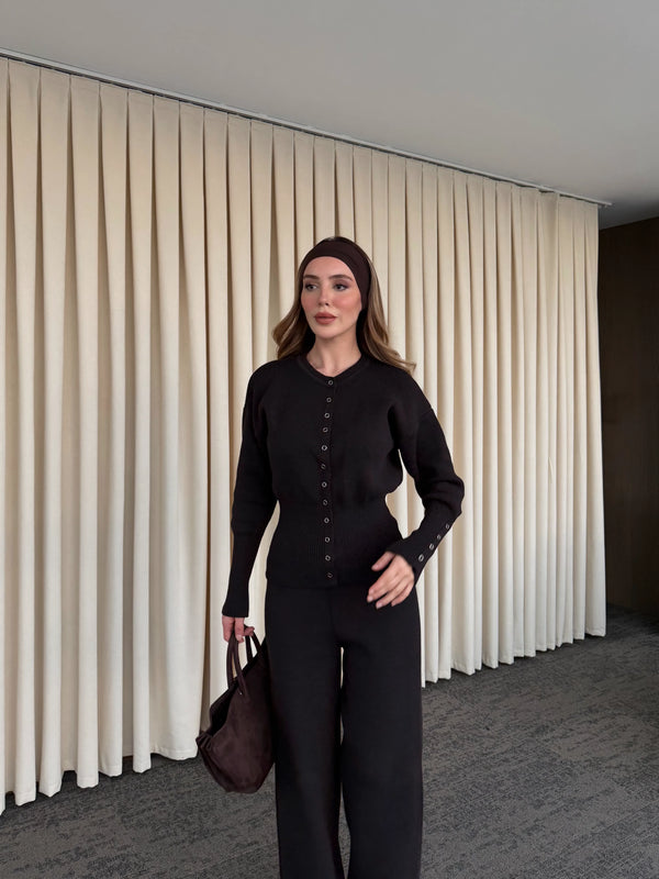 Kahverengi Çıtçıt Düğmeli Triko Takım - 904