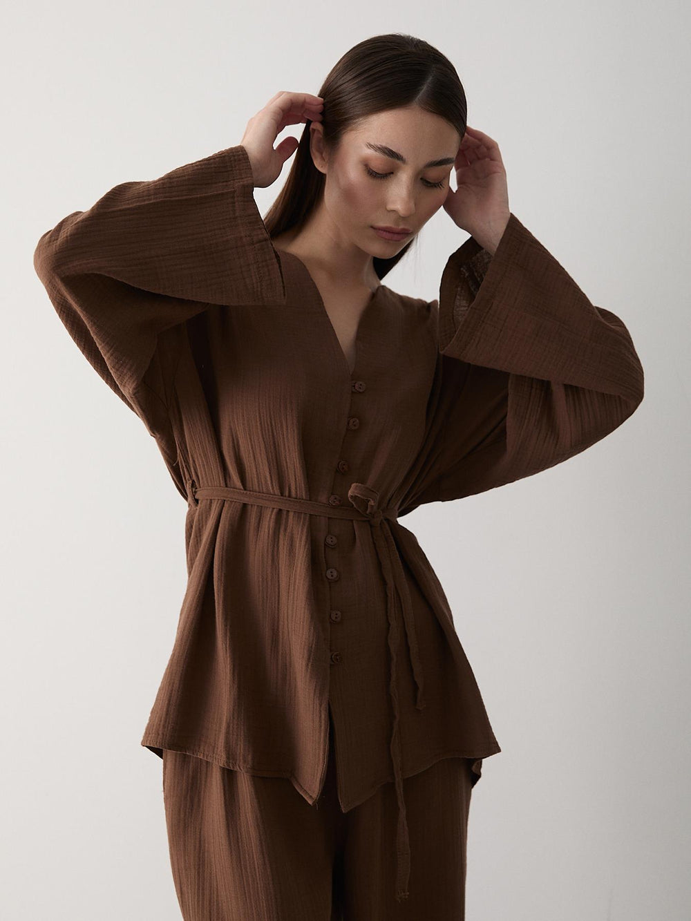 Kahverengi Çok Düğmeli %100 Pamuk Gömlek Pantolon Takım