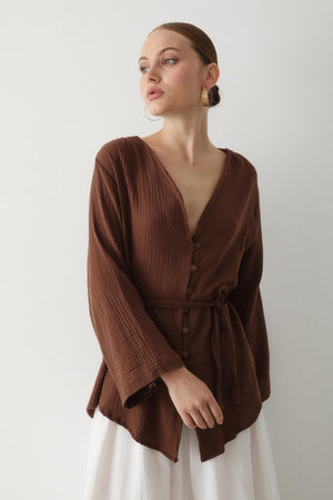 Kahverengi Çok Düğmeli Kimono