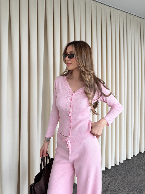 Pembe Dantelli İkili Triko Takım - 2602