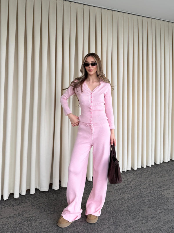 Pembe Dantelli İkili Triko Takım - 2602