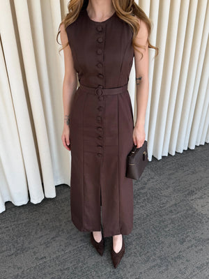 Kahverengi Düğmeli Kemerli Gabardin Elbise - 5002