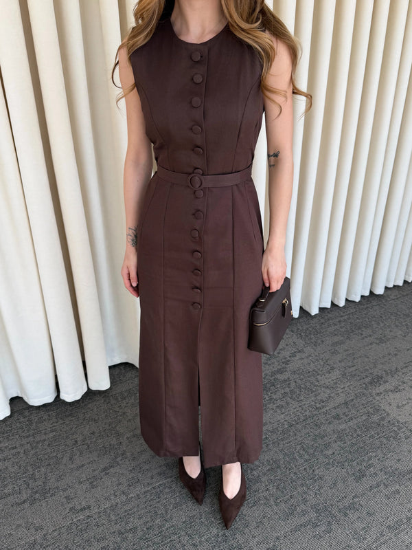 Kahverengi Düğmeli Kemerli Gabardin Elbise - 5002