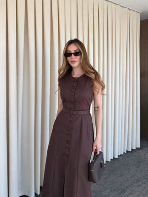 Kahverengi Düğmeli Kemerli Gabardin Elbise - 5002