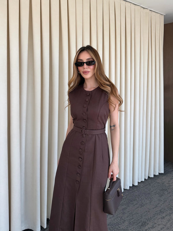 Kahverengi Düğmeli Kemerli Gabardin Elbise - 5002
