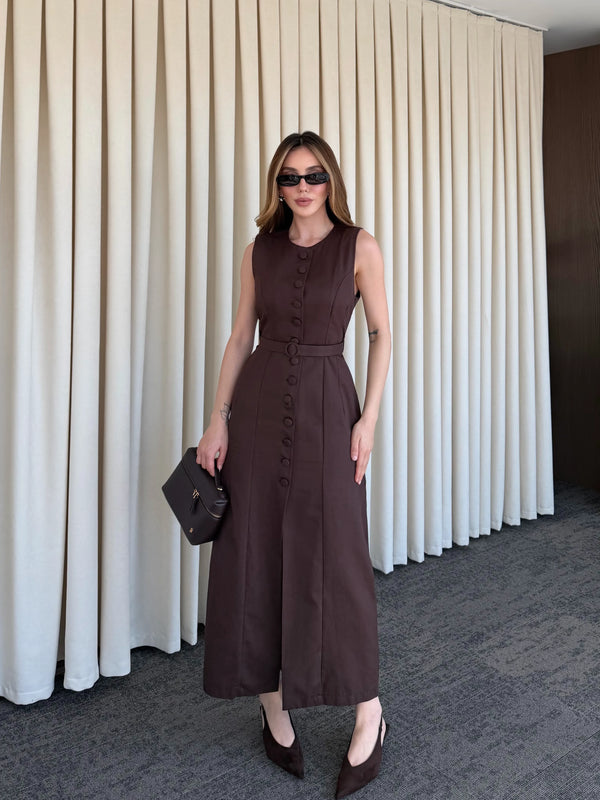 Kahverengi Düğmeli Kemerli Gabardin Elbise - 5002