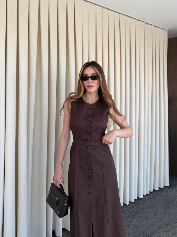 Kahverengi Düğmeli Kemerli Gabardin Elbise - 5002