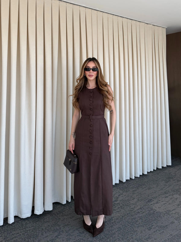 Kahverengi Düğmeli Kemerli Gabardin Elbise - 5002