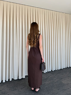 Kahverengi Düğmeli Kemerli Gabardin Elbise - 5002