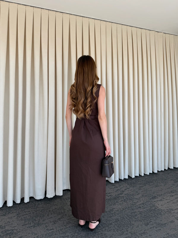 Kahverengi Düğmeli Kemerli Gabardin Elbise - 5002