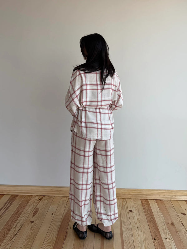 Kırmızı Ekose Kimono Şalvar Takım - 0993