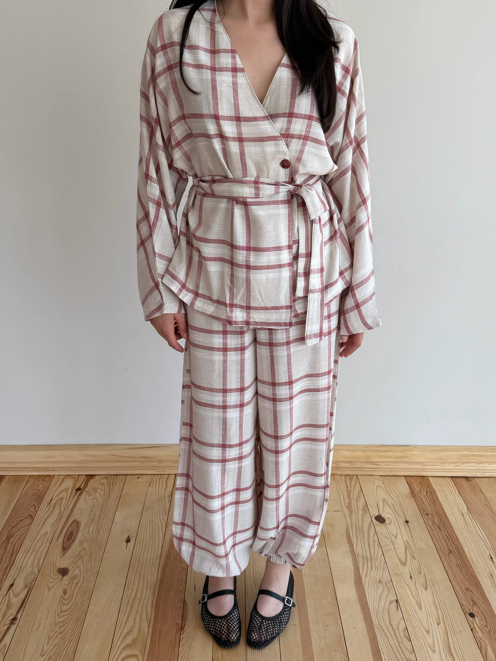 Kırmızı Ekose Kimono Şalvar Takım - 0993