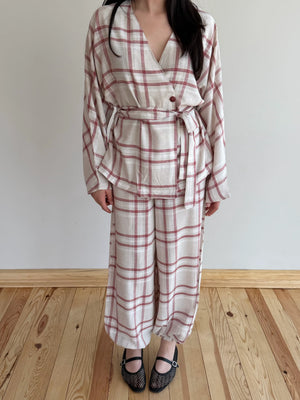 Kırmızı Ekose Kimono Şalvar Takım - 0993