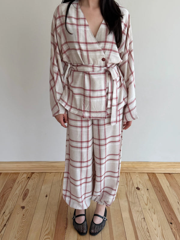 Kırmızı Ekose Kimono Şalvar Takım - 0993