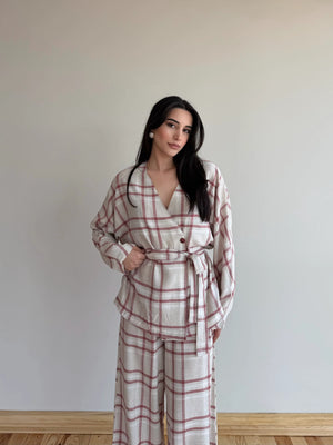 Kırmızı Ekose Kimono Şalvar Takım - 0993