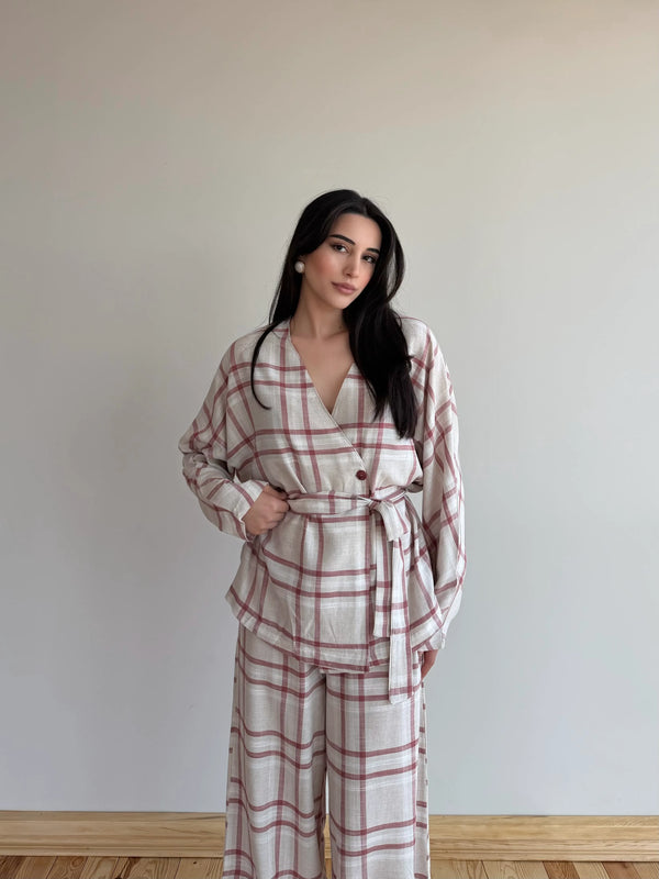 Kırmızı Ekose Kimono Şalvar Takım - 0993