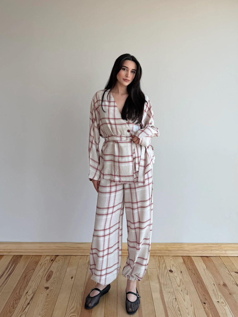 Kırmızı Ekose Kimono Şalvar Takım - 0993