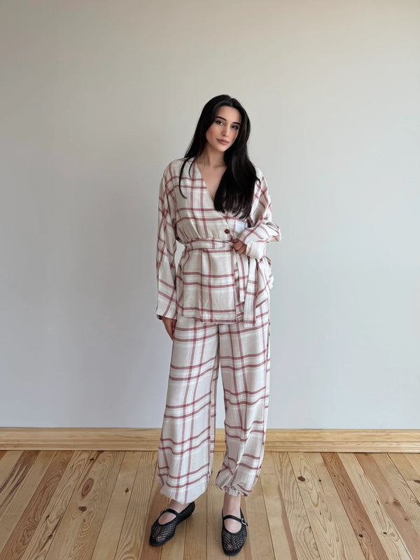 Kırmızı Ekose Kimono Şalvar Takım - 0993