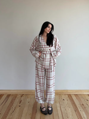 Kırmızı Ekose Kimono Şalvar Takım - 0993