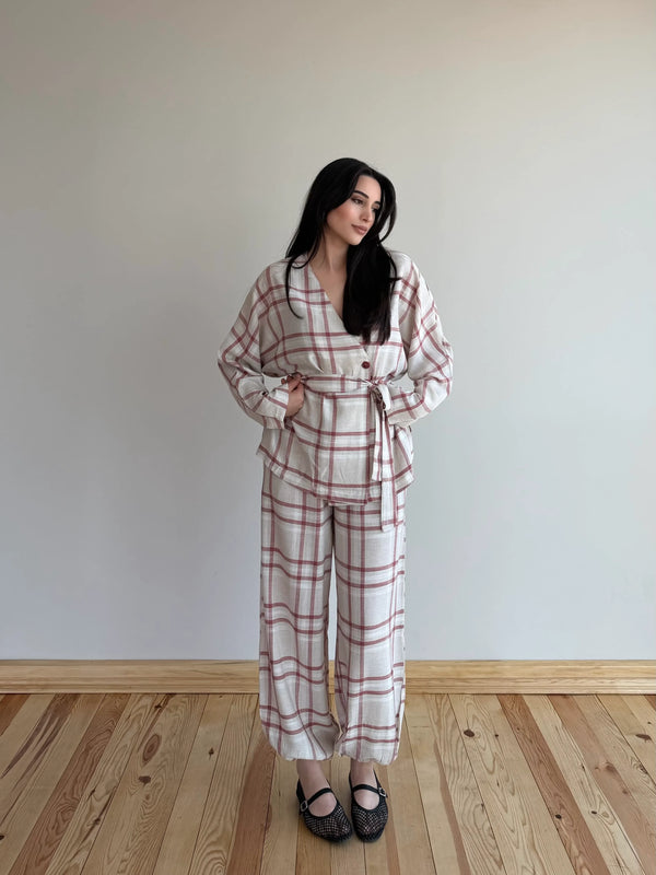 Kırmızı Ekose Kimono Şalvar Takım - 0993