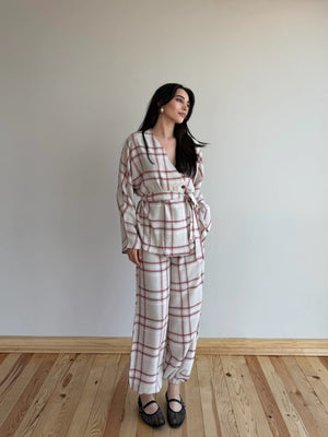 Kırmızı Ekose Kimono Şalvar Takım - 0993