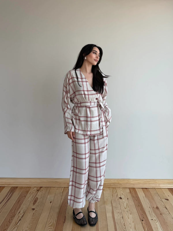 Kırmızı Ekose Kimono Şalvar Takım - 0993