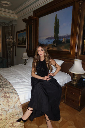 Siyah Eteği Tafta Payetli Elbise - 101032