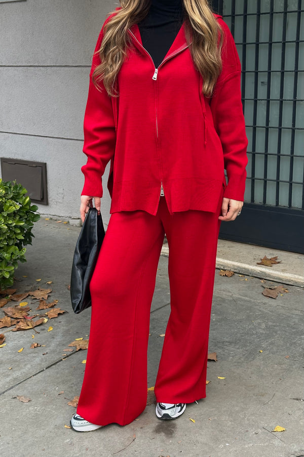 Kırmızı Fermuarlı Kapüşonlu Triko Takım - 0511