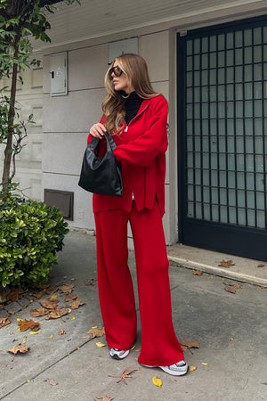 Kırmızı Fermuarlı Kapüşonlu Triko Takım - 0511