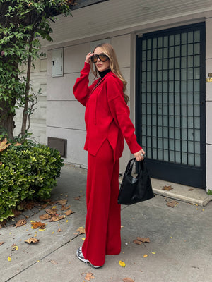 Kırmızı Fermuarlı Kapüşonlu Triko Takım - 0511