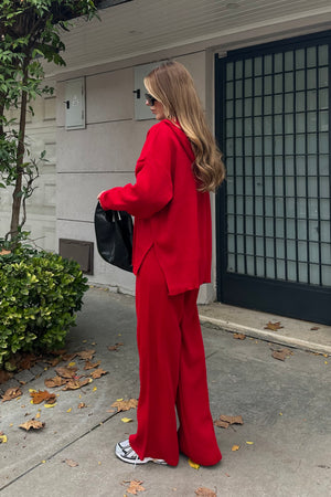 Kırmızı Fermuarlı Kapüşonlu Triko Takım - 0511