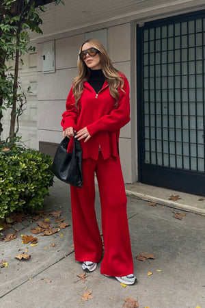 Kırmızı Fermuarlı Kapüşonlu Triko Takım - 0511