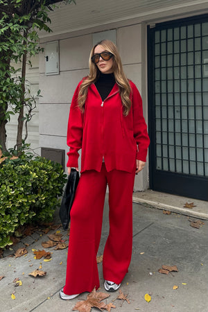 Kırmızı Fermuarlı Kapüşonlu Triko Takım - 0511